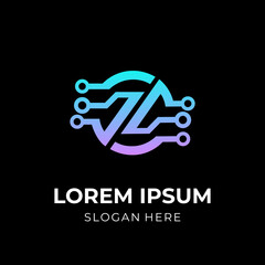 tech logo design template concept vector with flat blue and pink color style