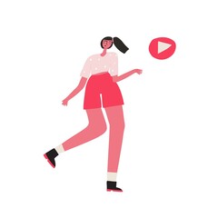 Funny cartoon character moving woman and record sign. Vector illustration