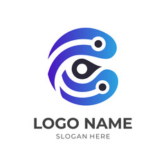 letter C and tech logo design template concept vector with flat blue and black color style