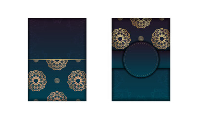 Fototapeta na wymiar Greeting card template with gradient blue color with greek gold ornaments prepared for typography.