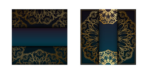 Greeting card template with gradient blue color with Indian gold pattern for your design.