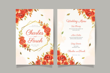 Autumn watercolor wedding invitation card with red floral and golden frame
