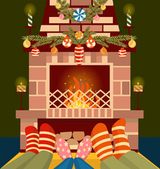 Family in Christmas socks near decorated fireplace. Vector illustration in a flat cartoon style. Mother; father and baby having fun together. cozy rest at home Winter holiday Xmas and New Year concept
