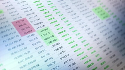 Digital screen with financial statistics, numbers changing, company report. Generic numbers, financial stats on screen
