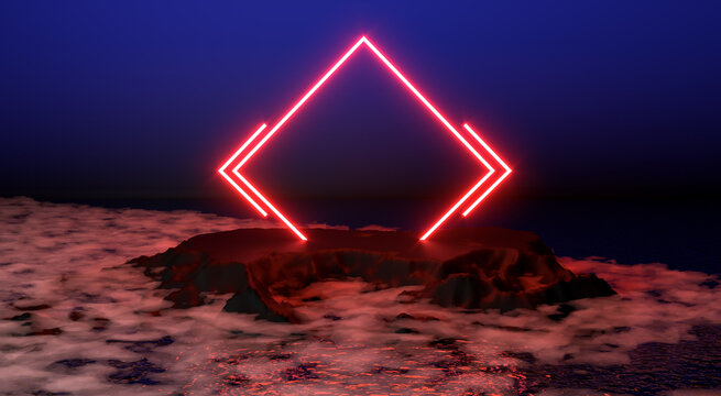 3D rendering, abstract background, energy source, red square neon portal, virtual reality, fog, terrain, land and sea
