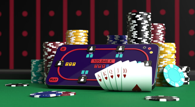 Online poker. Smartphone or mobile phone, poker chips, cards on a green table in a casino. 3D illustration