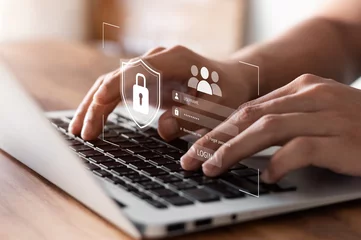 Fotobehang Cybersecurity and privacy concepts to protect data. Lock icon and internet network security technology. Businessmen protecting personal data on laptop and virtual interfaces. © Thapana_Studio