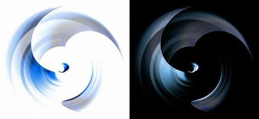 Blue blades of abstract propellers spinning on white and black backgrounds. Graphic design elements set. Logo, symbol, sign, icon. 3d rendering. 3d illustration.