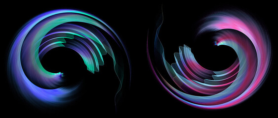 Flying in a circle blue and violet, arched, wavy multi-layered elements on a black background. Two backgrounds in one. Logo, symbol, sign, icon. 3d rendering. 3d illustration.