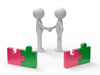3d Businessmen of different teams shake hands behind puzzle pieces with different color.