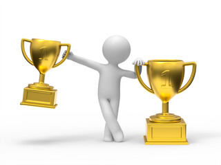 3d man with golden trophies.