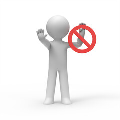 3d man showing stop gesture and holding a stop sign .