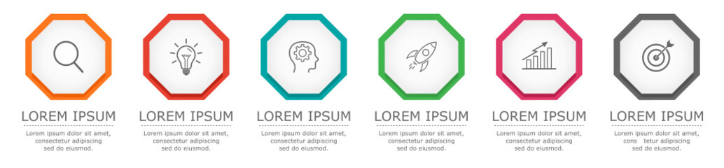 Business infographic Vector with 6 steps. Used for presentation,information,education,connection,marketing, project,strategy,technology,learn,brainstorm,creative,growth,abstract,stairs,idea,text,work.