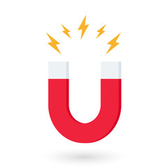 Red horseshoe magnet with magnetic power sign on white background. u-shaped magnet icon. Magnetism, magnetize, attraction concept. Vector illustration.