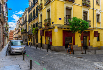 Fototapeta premium Old street in Madrid, Spain. Architecture and landmark of Madrid, postcard of Madrid.