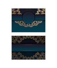 Greeting Brochure Template with gradient blue color with abstract gold pattern prepared for printing.