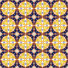 Ceramic tile background. Mediterranean seamless pattern. Ornate colourful Azulejo tiles. Ethnic pottery.