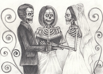 Couple wedding skulls.Hand drawing on paper
