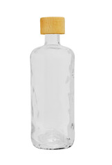 An empty, glass bottle, closed with a wooden stopper for wine or vodka. Isolated on a white background, close-up