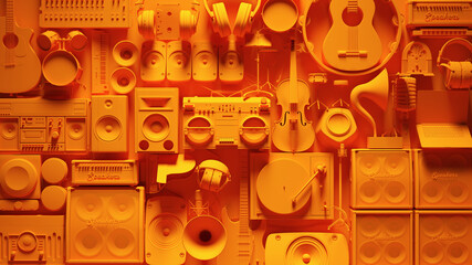 Orange Musical Instrument Wall Vibrant Music Equipment 3d illustration render - obrazy, fototapety, plakaty