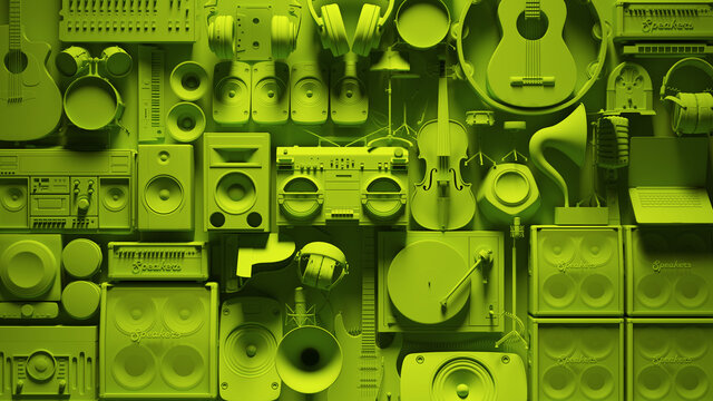 Green Musical Instrument Wall Vibrant Music Equipment 3d illustration render