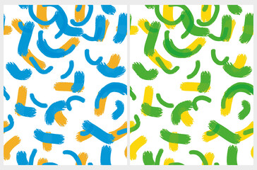 Simple Irregular Geometric Seamless Vector Patterns with Green, Yellow and Blue Hand Drawn Brush Spots on a White Background. Abstract 
 Doodle Print for Fabric, Textile. 