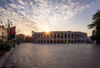 Piazza Bra and the Arena in Verona (Italy) in the morning. Verona is a popular tourist destination.