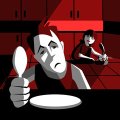 A man with a spoon in the kitchen at the table. A woman feed a cat. Vector illustration.