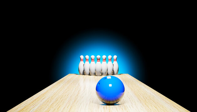 3d render of a bowling with skittles and a blue ball.Digital image illustration.