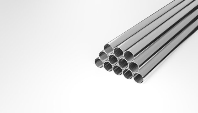 3d render of stacked metal pipes side view isolated on white background. Digital illustration for your business and industry.