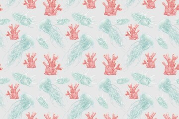 Decorative seamless pattern with illustrations of jellyfish, coral shell on a gray background