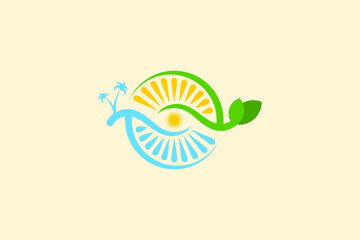 Logo with an illustration of a combination of sunrise, sea waves, green trees and eyes forming orange halves. Relevant for logos for natural tourist locations