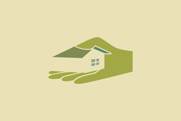 Logo with an illustration of a house and a hand with a giving gesture