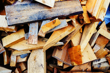 Waste wood after sawing construction materials. Close-up