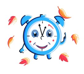 Daylight saving time fall back concept. Cartoon clock character with autumn leaves. Vector flat illustration