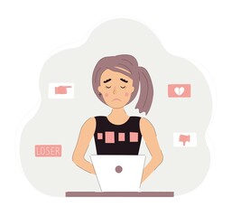 Cyber bullying concept. Sad girl sitting with laptop. Vector illustration