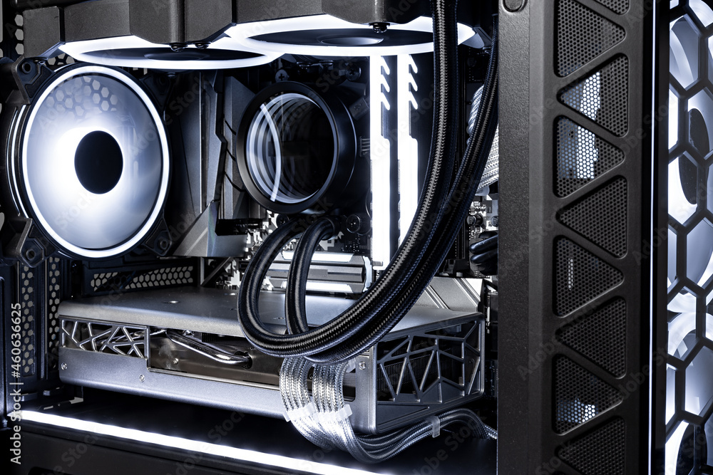 Poster iside view bright illuminated silver metal high end custom led gaming pc. computer power hardware an