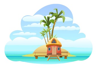 Bungalow on the island. In light calm sea. Summer seascape. Beach hut by the ocean. Isolated on white background. Palm trees and tropical plants. Vector.