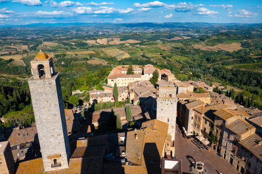 Little ancient town of San Gimignano, Tuscany, from the top of the main Tower