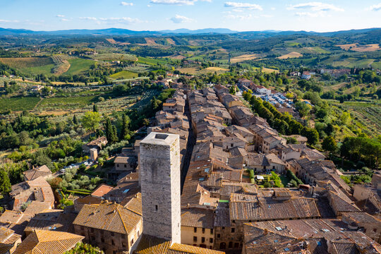 Little ancient town of San Gimignano, Tuscany, from the top of the main Tower