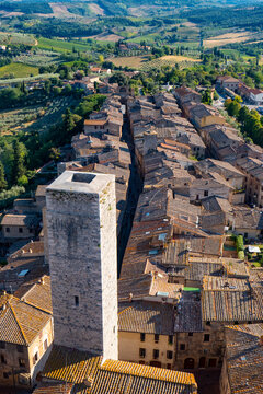 Little ancient town of San Gimignano, Tuscany, from the top of the main Tower