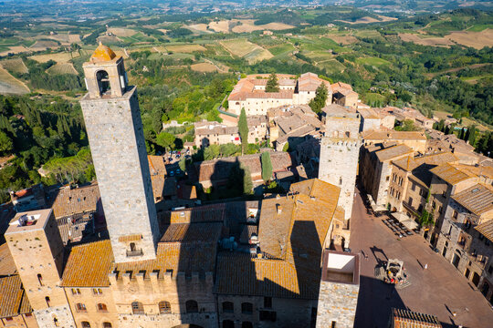 Little ancient town of San Gimignano, Tuscany, from the top of the main Tower