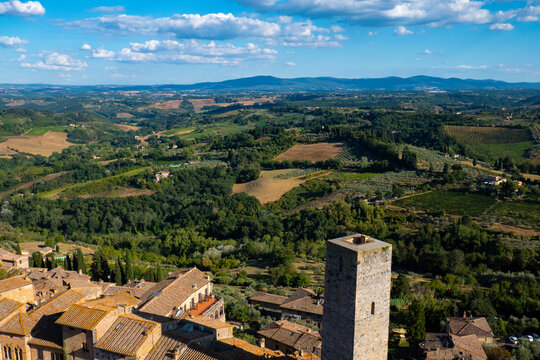 Little ancient town of San Gimignano, Tuscany, from the top of the main Tower