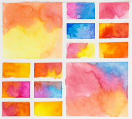 abstract watercolor background with rectangles and squares in blue, red, orange and yellow