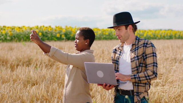 African beautiful woman farmer and her partner farmer man in the middle of wheat field discussing and analysing the results of harvest from this year lady holding a smartphone to take some pictures