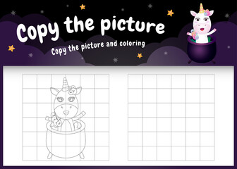 copy the picture kids game and coloring page with a cute unicorn using halloween costume