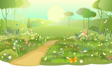 Road. Amusing beautiful forest landscape. Trail. Cartoon style. Leaves. The path through the hills with grass. Cool romantic beauty. Flat design illustration. Vector art