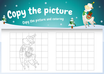 Copy the picture kids game and coloring page with a cute alpaca using christmas costume