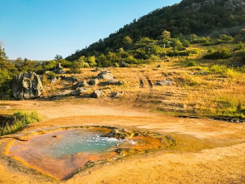 Natural hot springs in Jermuk mountains outdoors. Hidden gems sightseeing Armenia.