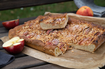 Homemade apple cake with almondsand cinnamon outside on a wooden bench